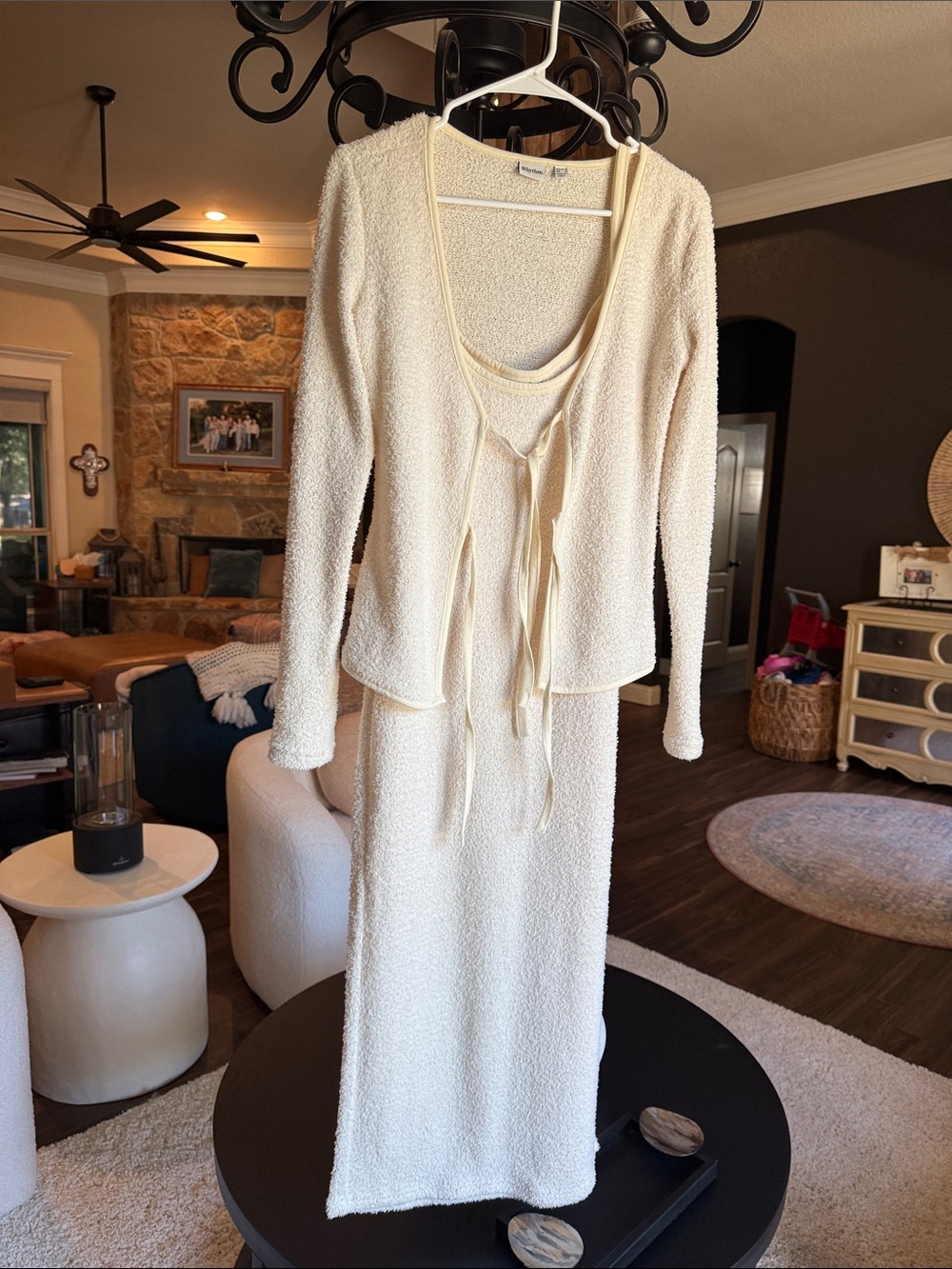 Cream Two-Piece Knit Skirt Set with Tie Front